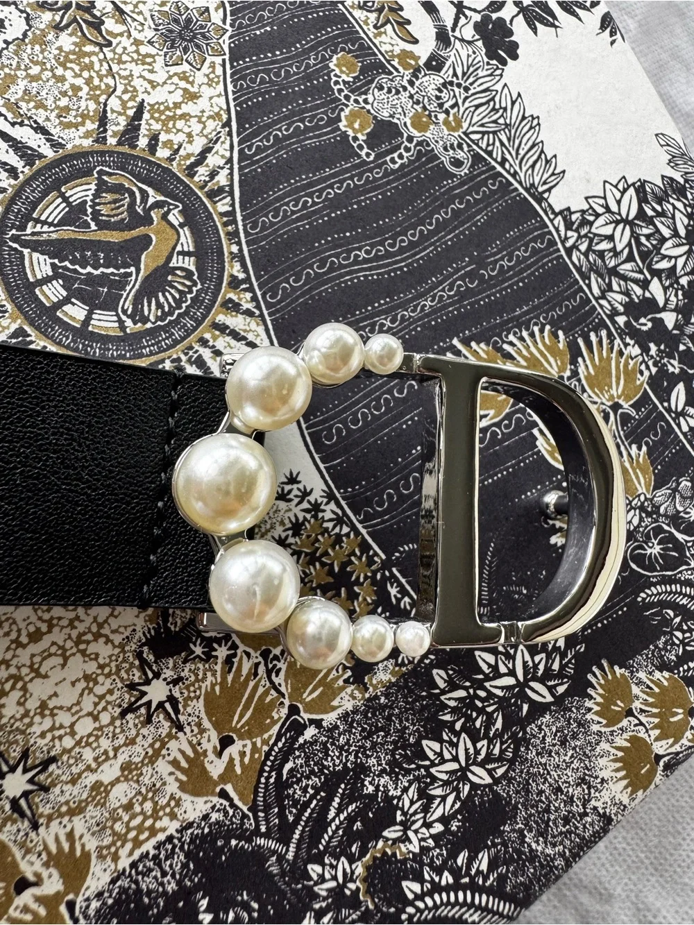 Women CD Pearl-Embellished-Silver Black Leather Belt with box